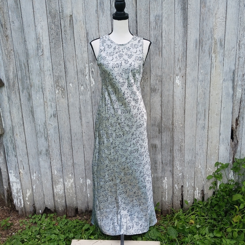 Vintage‎ Y2K 90s Stepping Out Silver Floral Gray Maxi Dress Sleeveless Size 7/8